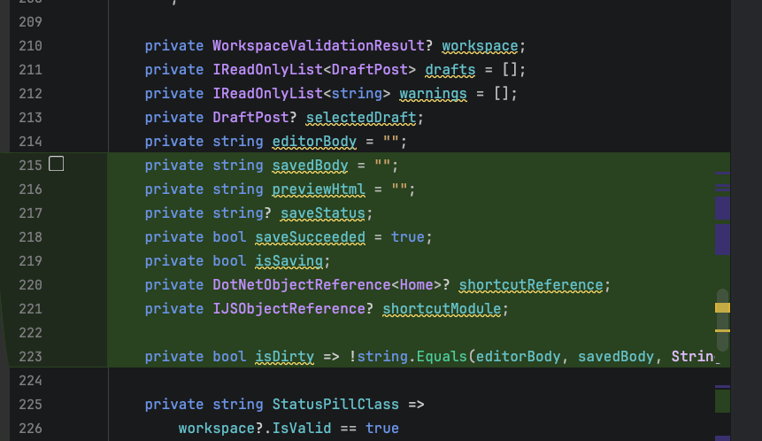 Home.razor code listing with around fifteen private fields including workspace, drafts, selectedDraft, editorBody, savedBody, isSaving, and isDirty
