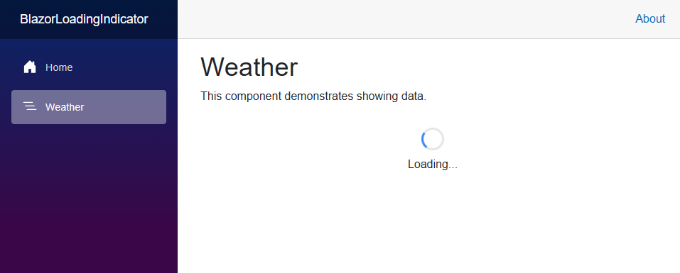 The default Blazor web app project template with a custom loading indicator on the Weather page.