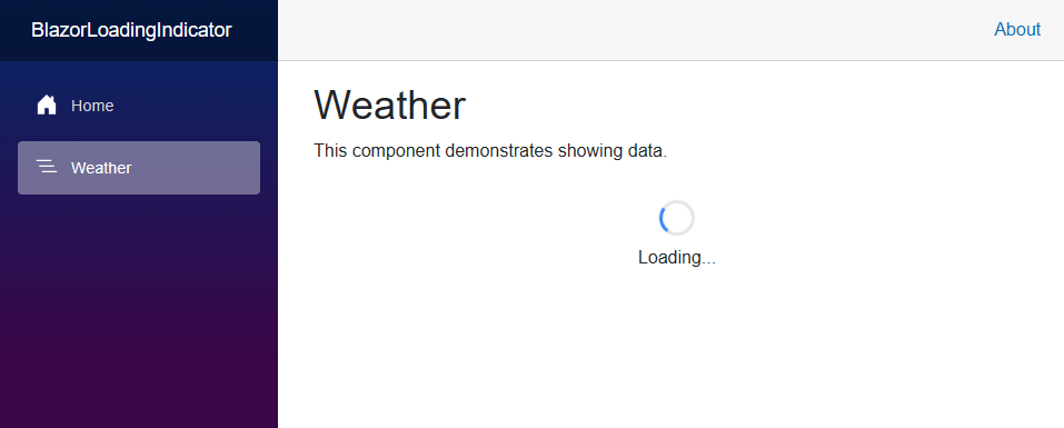 The default Blazor web app project template with a custom loading indicator on the Weather page.