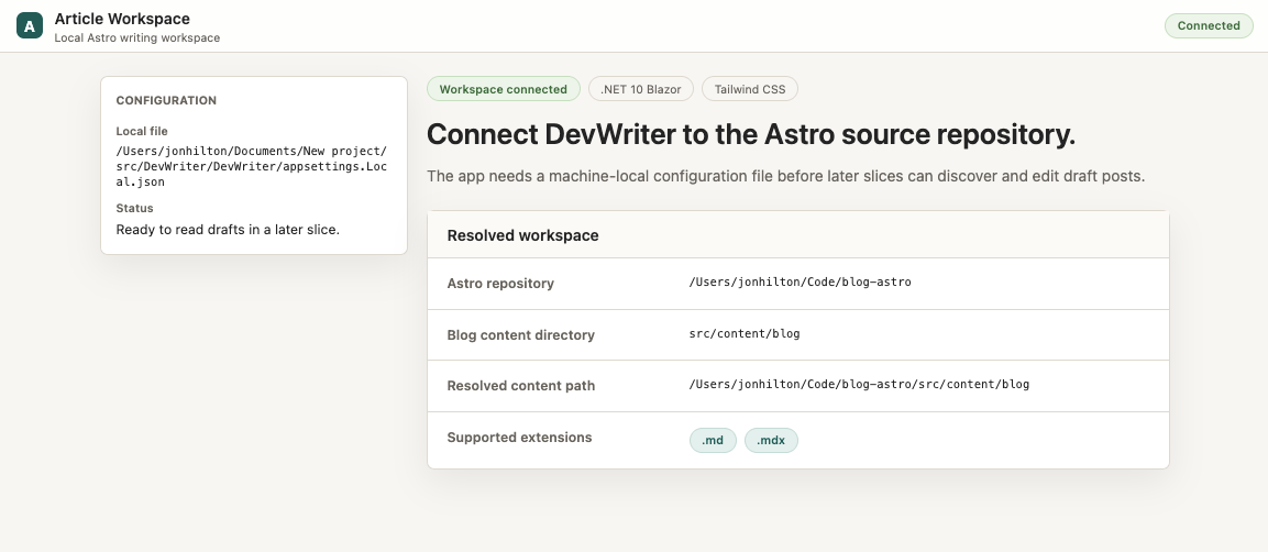 Article Workspace setup screen showing a Connected status pill and a resolved workspace table with Astro repository, content directory, and supported extensions