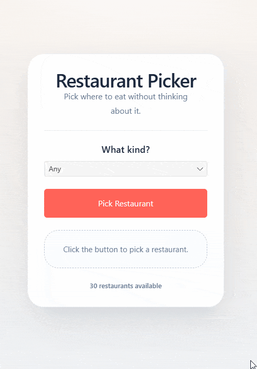 Angular Restaurant Picker with options for dine-in or take-out