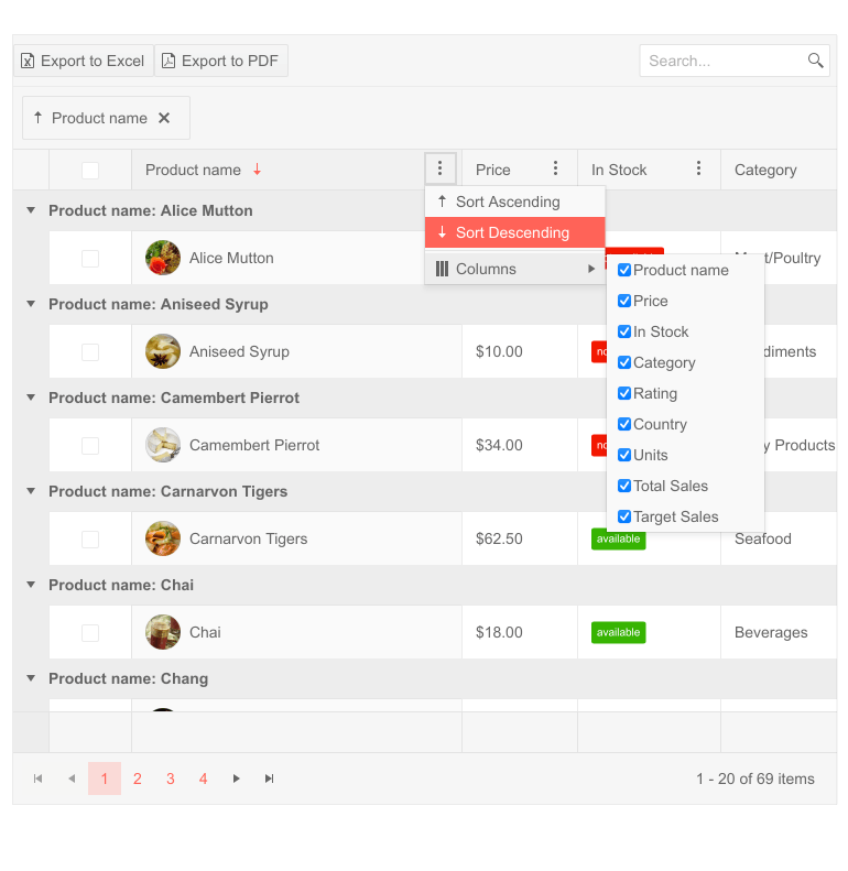 A Telerik DataGrid showing the sort options for a column (ascending and descending) plus the checkbox option for filtering data by value