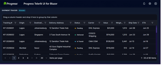 Telerik Blazor grid for shipment tracker