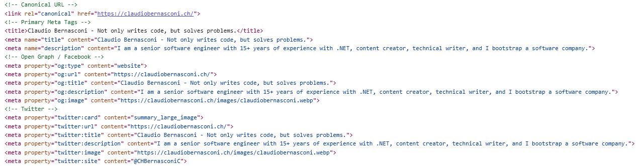 HTML page with metadata for the most important properties such as description, title and Open Graph tags.