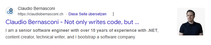 A typical Google search engine results page (SERP) showing the title and description from the page's metadata definition.