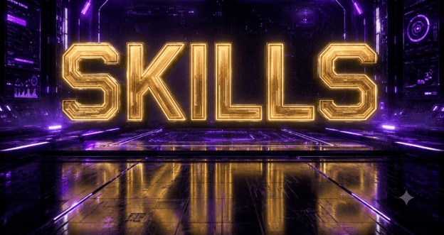 SKILLS in gold with a sleek purple futuristic setting