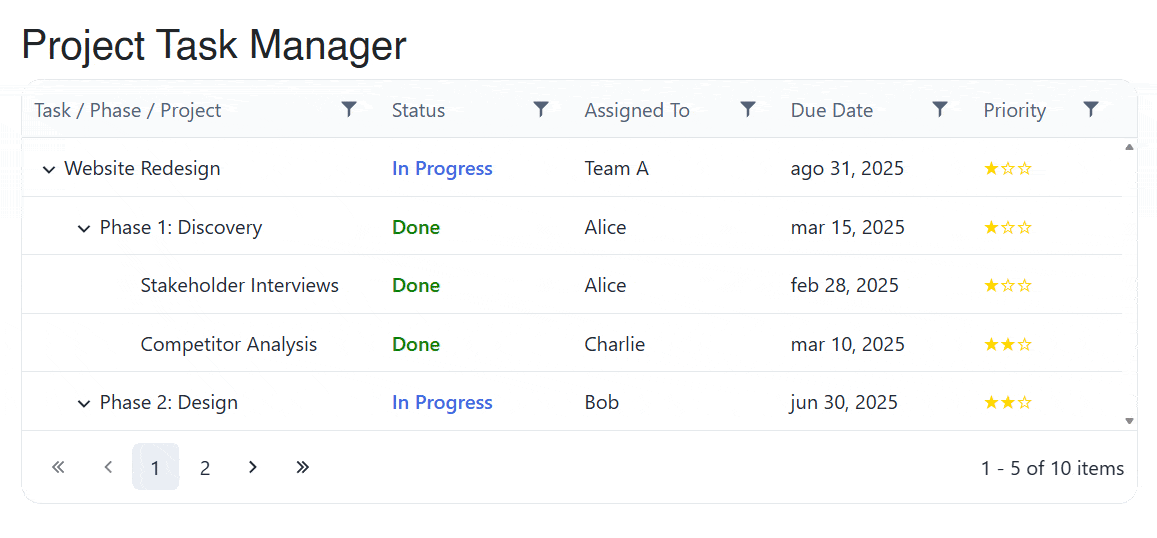 TreeList displaying a menu-style column filter