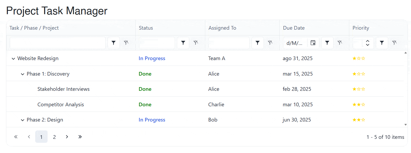 User applying a row filter in the TreeList