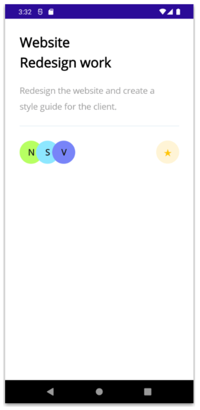 Header includes 'Website Redesign work' heading and 'redesign the website and create a style guide for the client' subheading. Name avatars and a star icon.
