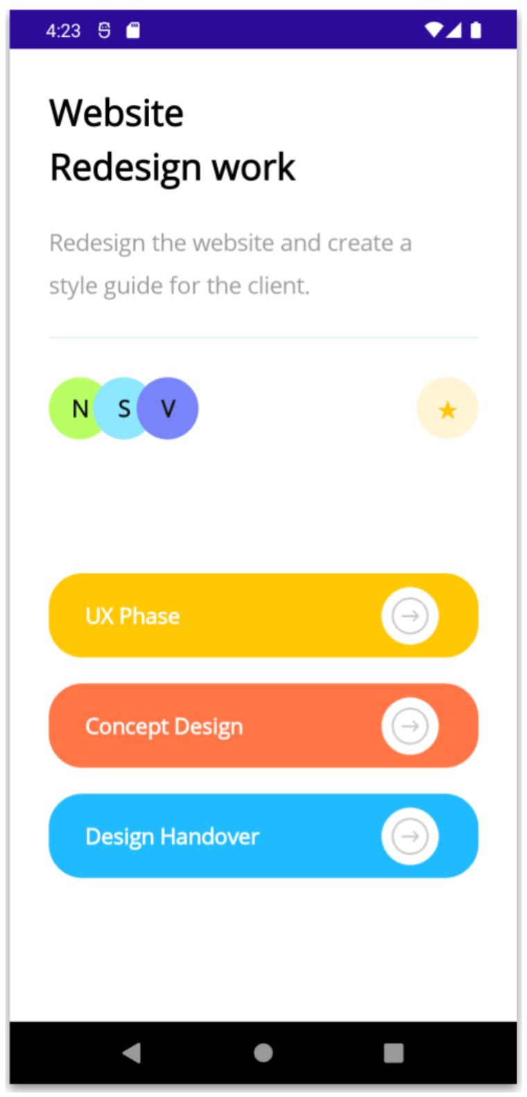 The screen now includes the header and three categories: UX phase, concept design and design handover in colored buttons