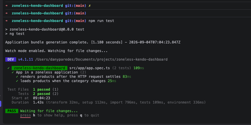 Code screen zoneless-kendo-dashboard test run