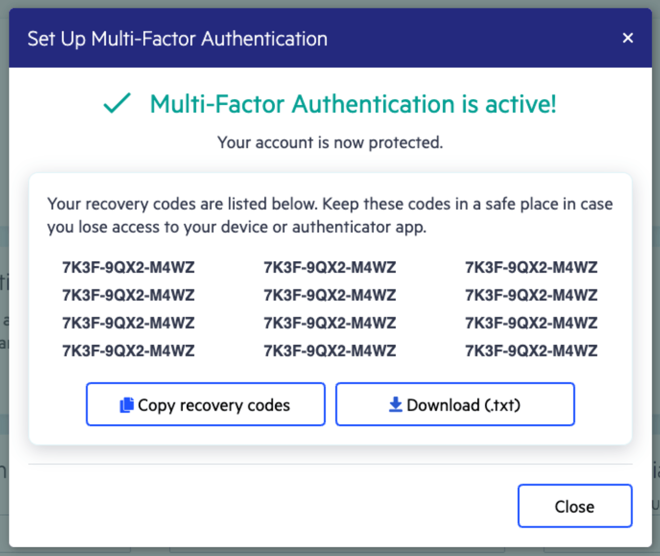 MFA is active! Save these recovery codes