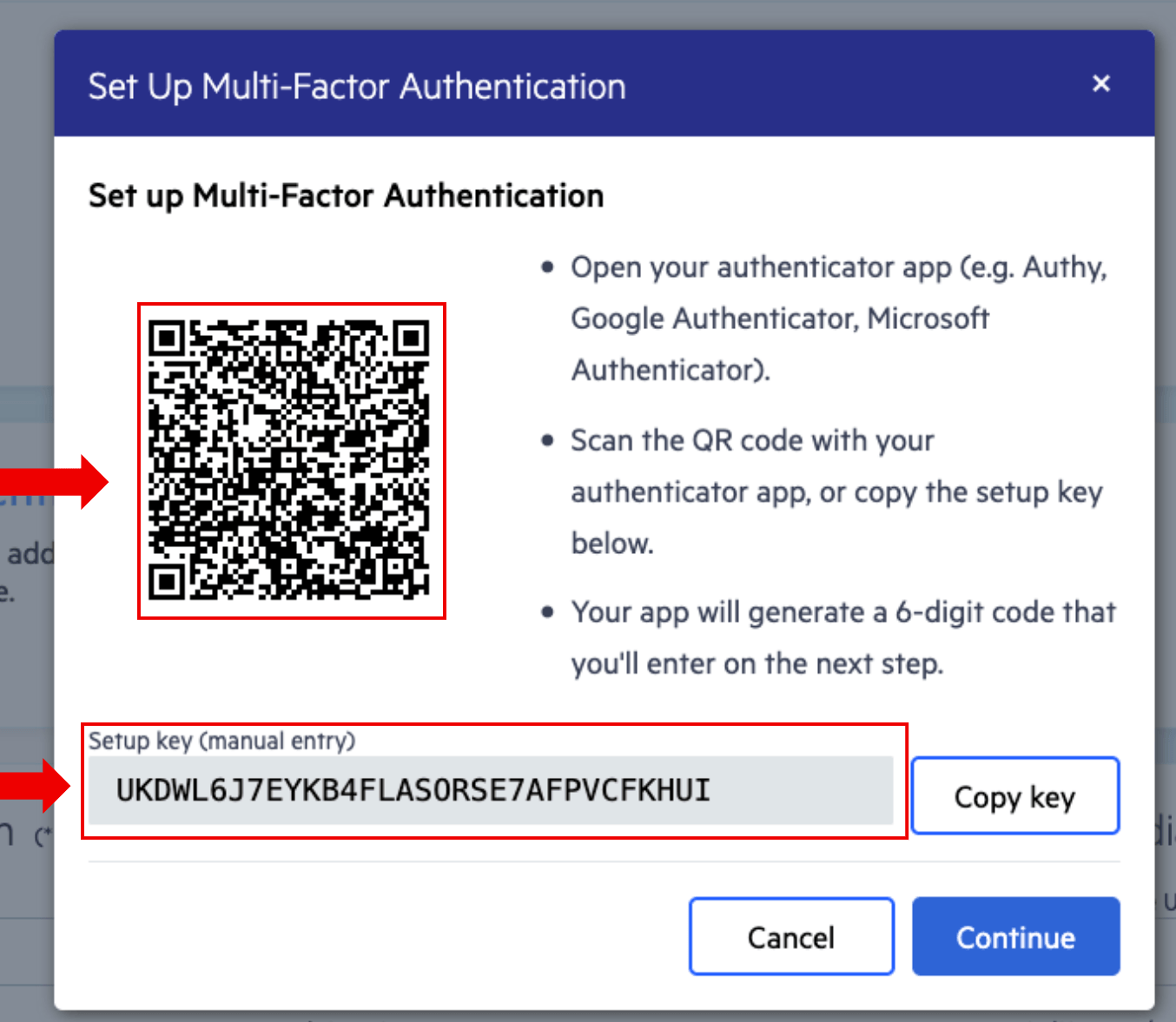 Set Up Multi-Factor Authentication popup has QR code and setup key