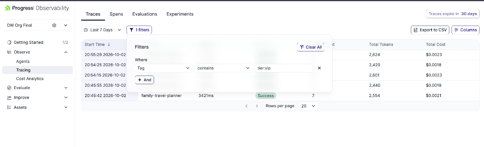 Progress observability platform shows traces and filters