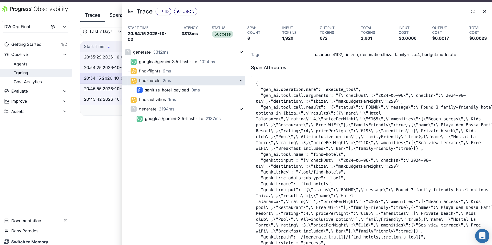 Progress observability platform shows trace for find-hotels