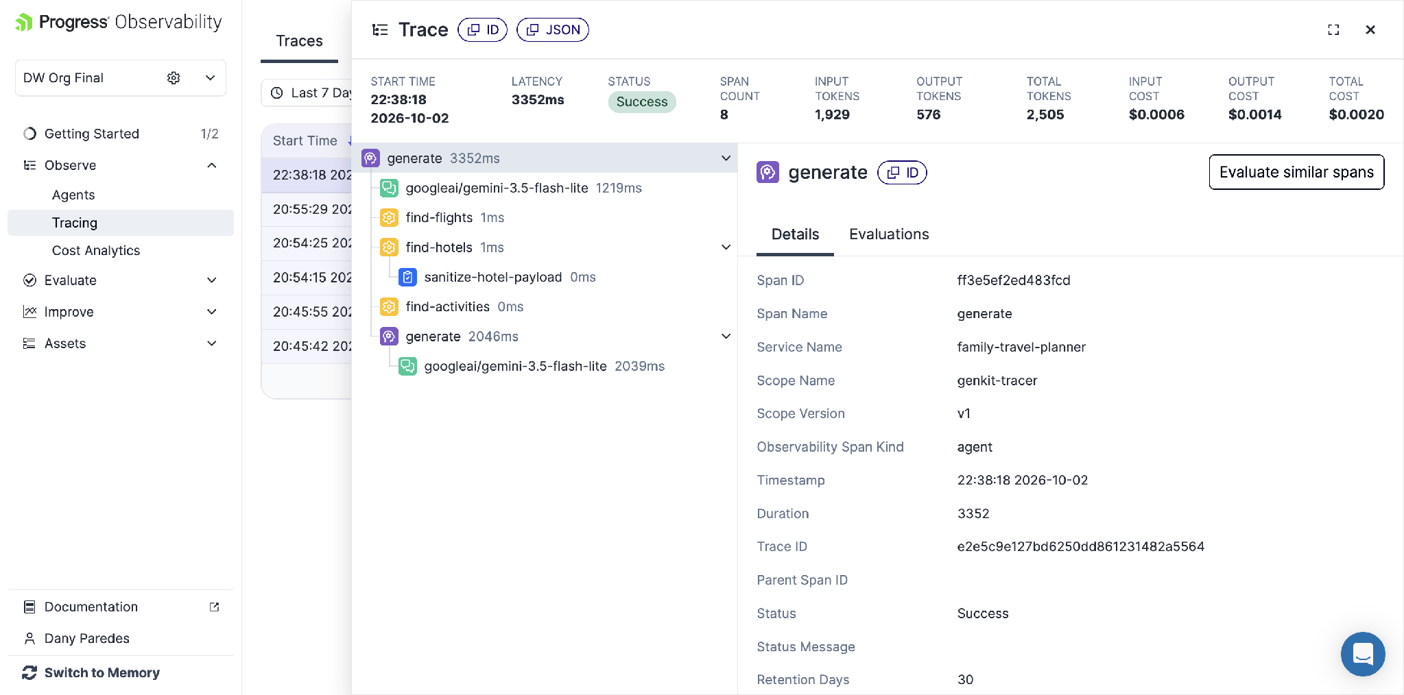  Progress observability platform execution trace shows status, span count, tokens used, input cost