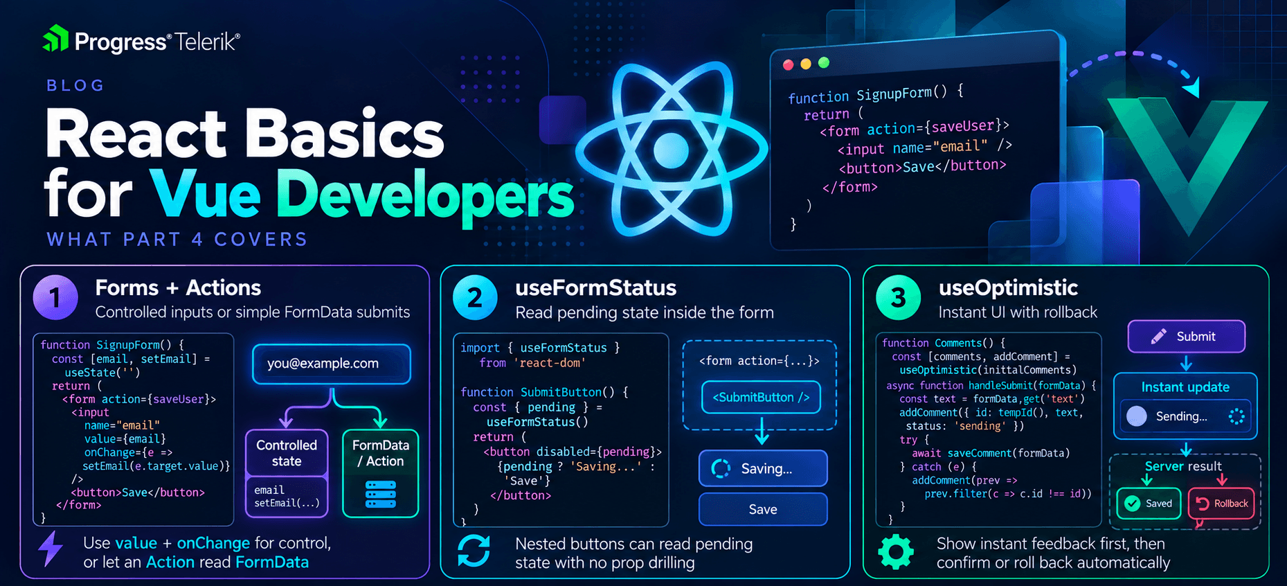 React Basics for Vue Developers 4 - forms and actions, useFormStatus, useOptimistic