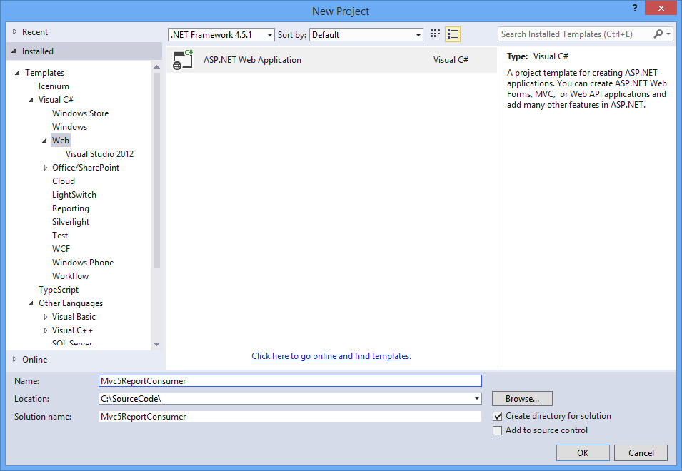mvc5rptconsumer_newproject New Project Dialog