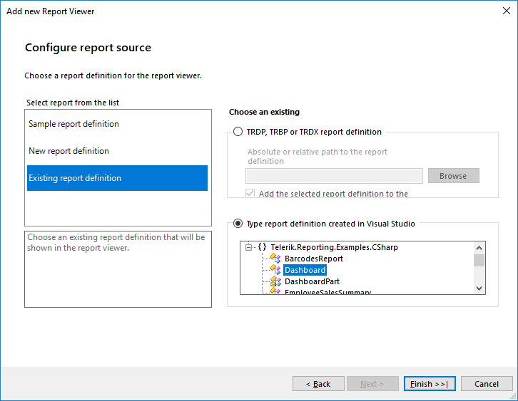 Item template page showing Configure Report Source dialog