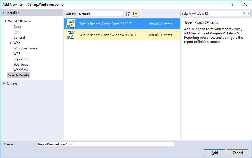 Image templates dialog showing WinForms and WPF item templates