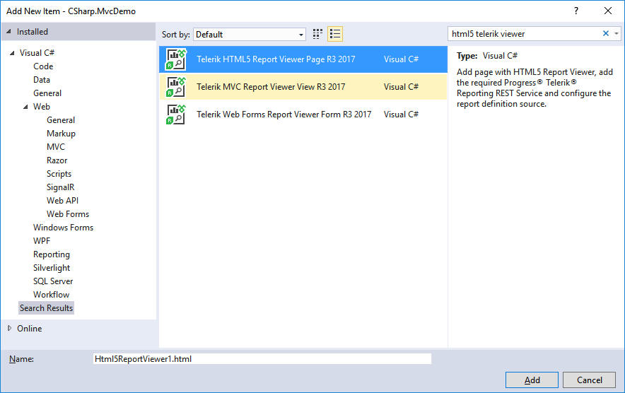 Item template page showing MVC report viewer setup dialog