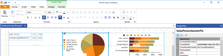 report designer with pie chart and table