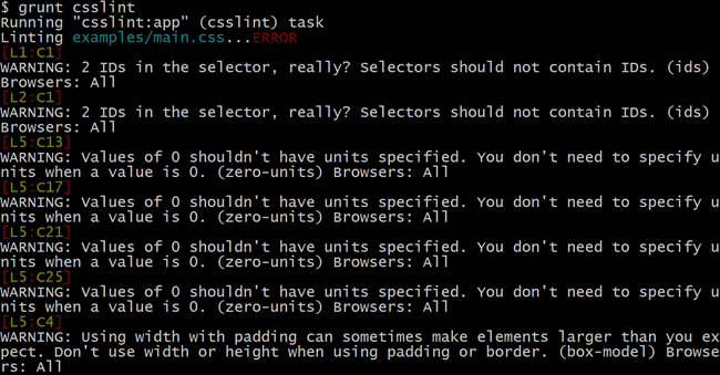 grunt-contrib-csslint output example