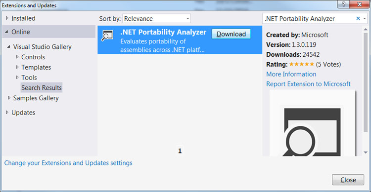 Visual Studio Extensions and Updates dialog