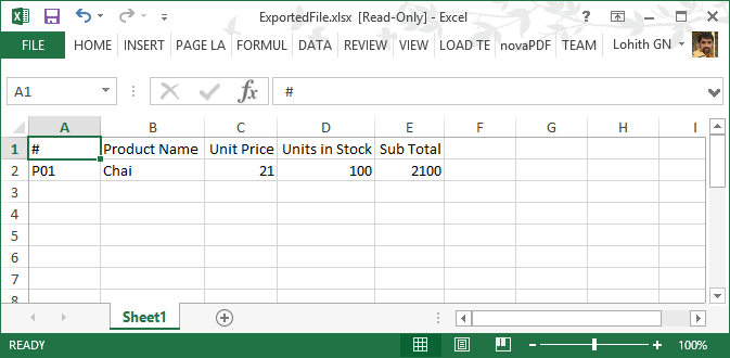 Fig 4: Exported Excel Document