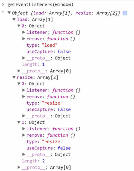 Result of calling getEventListeners