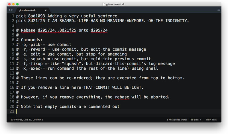 The UI of an interactive git rebase