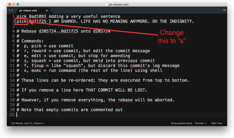 Instructions for squashing a git commit