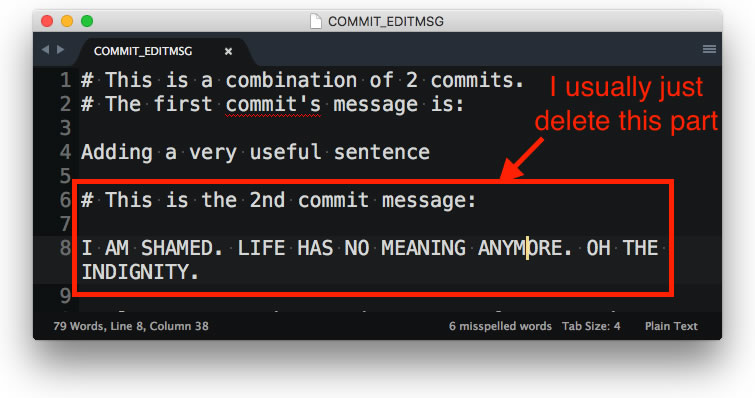 Showing which part to remove when crafting a squashed git commit
