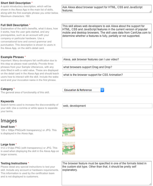 alexa skill publishing information