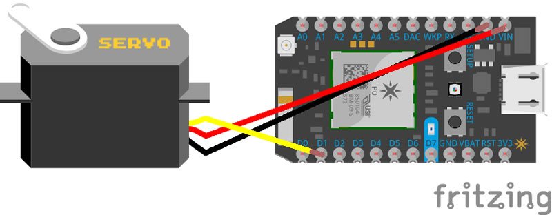 Connect the servo wires to D1, VIN and GND on the Photon