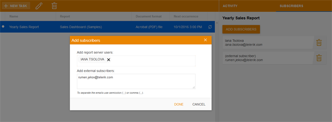 Add recepients to scheduled task in Telerik Report Server