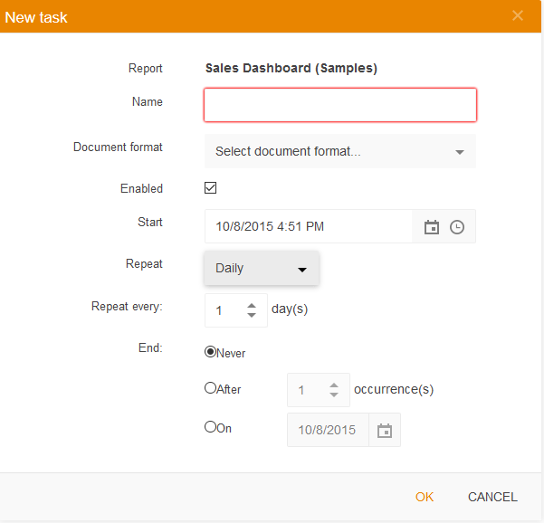 Add new scheduled task in Telerik Report Server