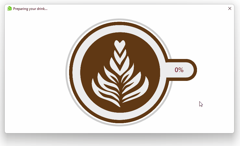 CircularCoffeeProgressBar shows a top-down illustrated cup of coffee with foam art, and a progress bar filling around the circle of the mug from bottom of handle at the right, clockwise to the top of the handle. In the handle is the percentage, which grows as the circle bar progresses.