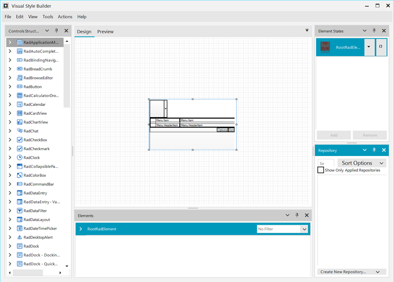 WinForms Visual Style Builder has a lefthand menu with controls structures, a main window for design/preview, and righthand element states and repository.