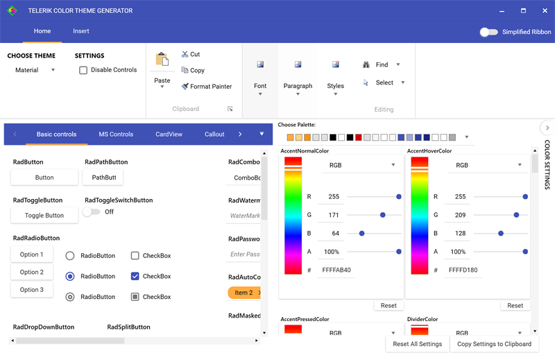 WPF Color ThemeBuilder has tabs for home and insert. We're on home. It shows Choose theme (Material is selected), settings, copy/paste, font styling options all in a ribbon at the top. Then below that another set of tabs on the left: basic controls, MS controls, CardView, Callout. We're one basic controls, showing things like RadButton, RadToggleButton, RadRadioButton. On the right is a palette selection.