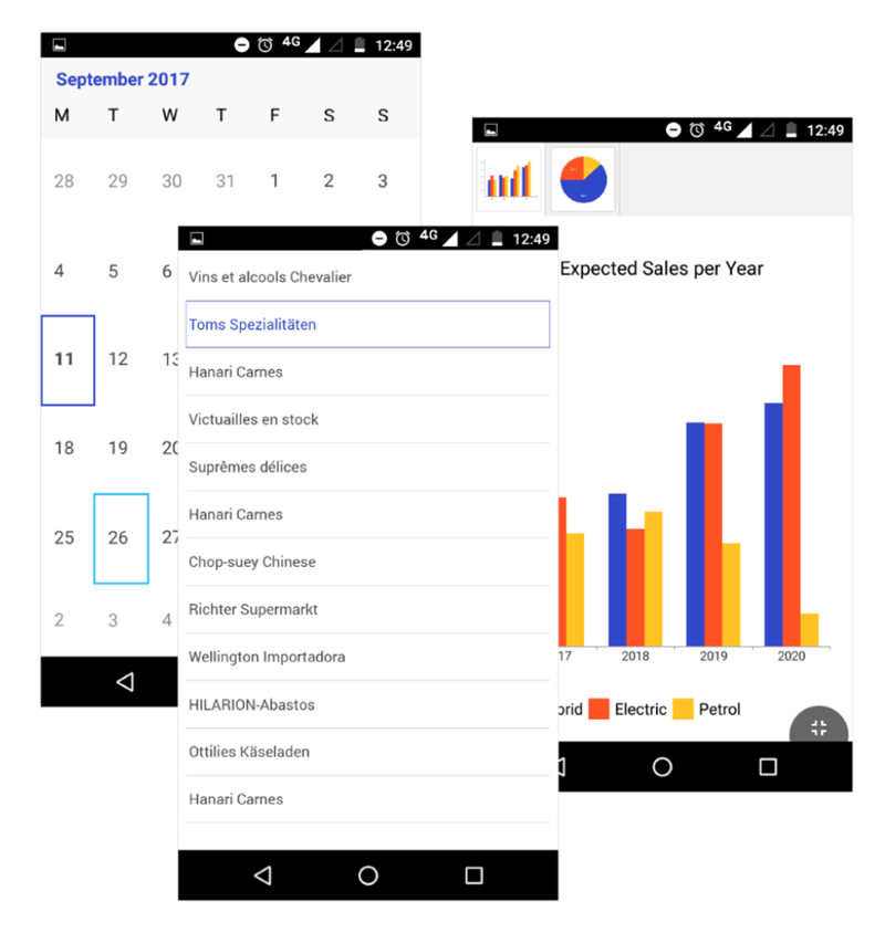 Xamarin Blue Theme shown in three mobile screens - a selectable text list, a calendar, and a chart. The colors are white background, dark gray text, royal blue primary highlights, light blue secondary, and a reddish orange and an orangish yellow as other highlights on the graphs/charts.