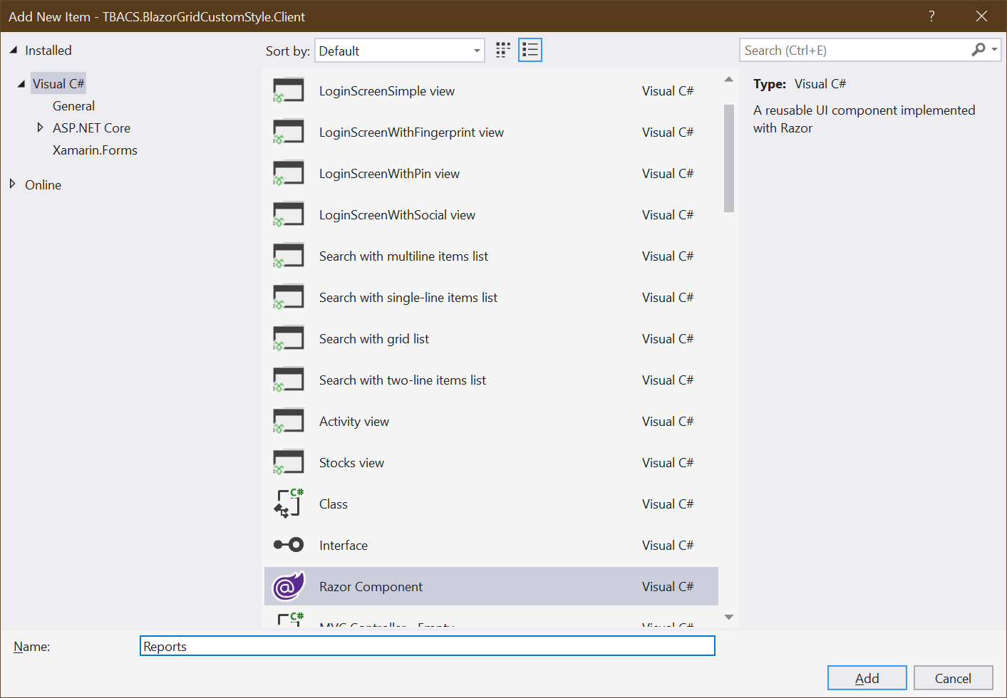 Figure 07 - Add New Razor Component in Visual Studio