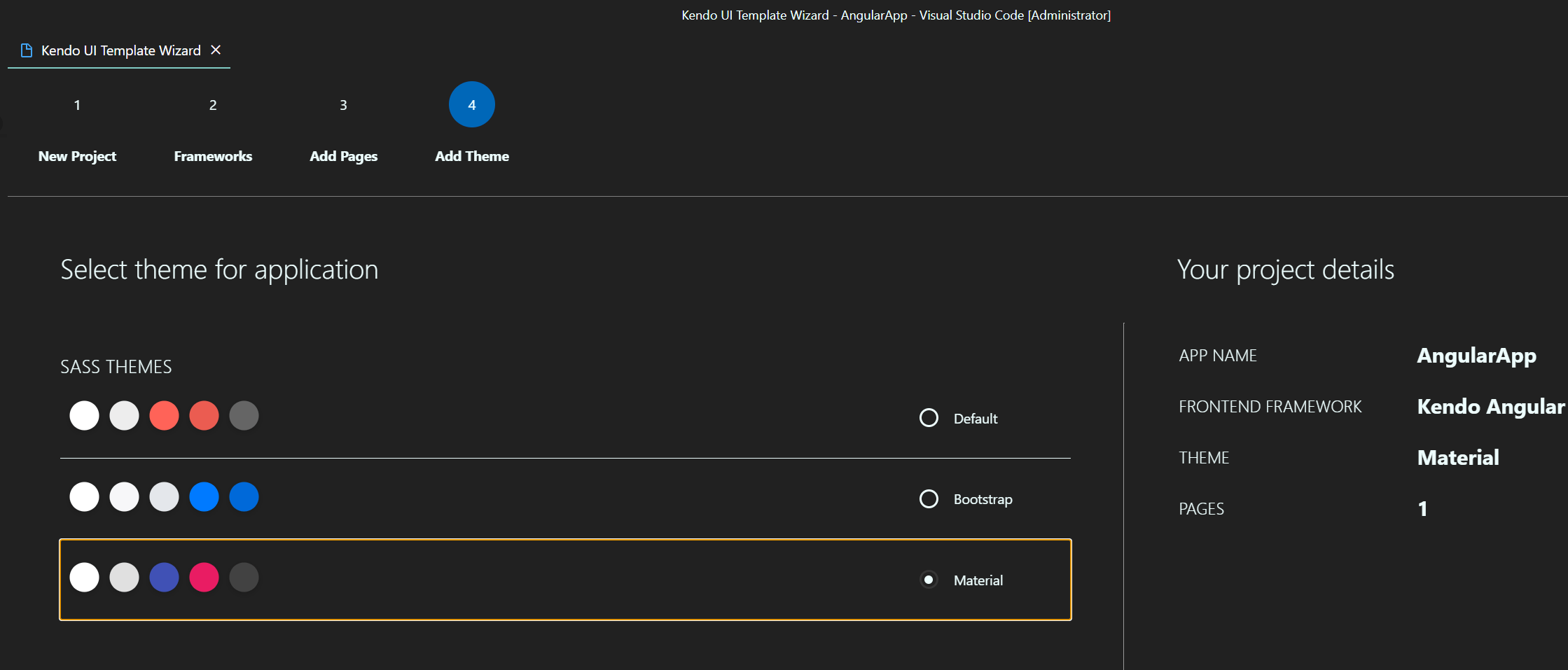 VS Code Material Theme. We're on step 4 of the wizard, Add Theme. Material is selected.