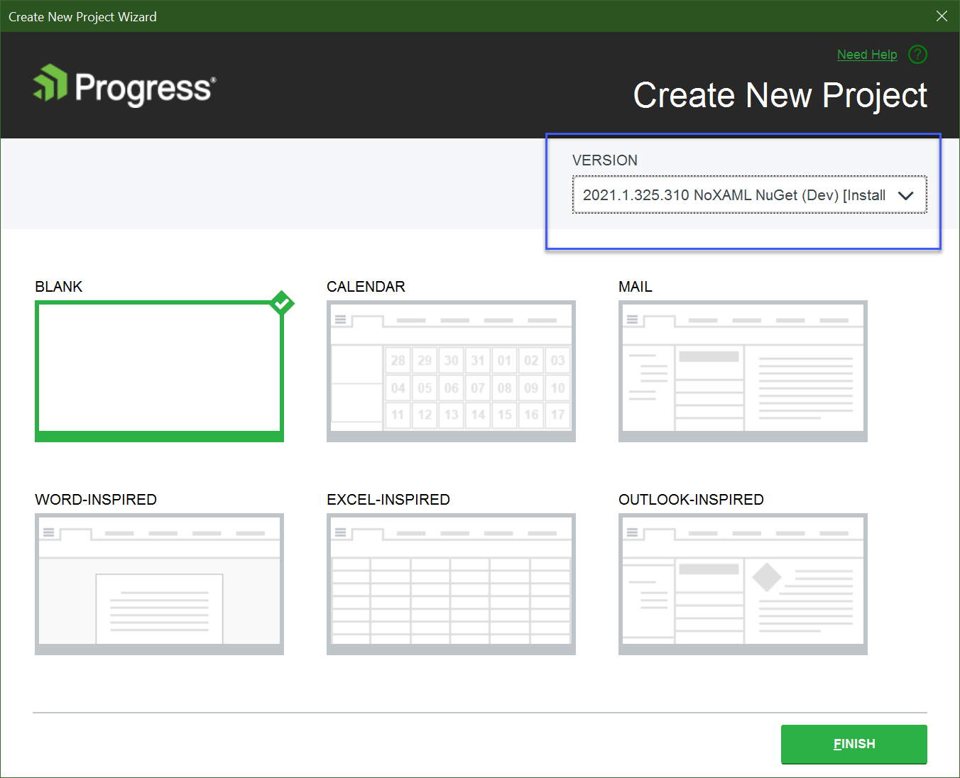 WPF .NET Core App Version Selection - On the Create New Project Wizard, the version selection is in the upper right. Below that, you can choose the project style from blank, calendar, mail, word-inspired, excel-inspired, outlook-inspired.