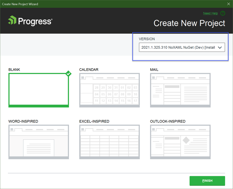 WPF .NET Core App Version Selection - On the Create New Project Wizard, the version selection is in the upper right. Below that, you can choose the project style from blank, calendar, mail, word-inspired, excel-inspired, outlook-inspired.