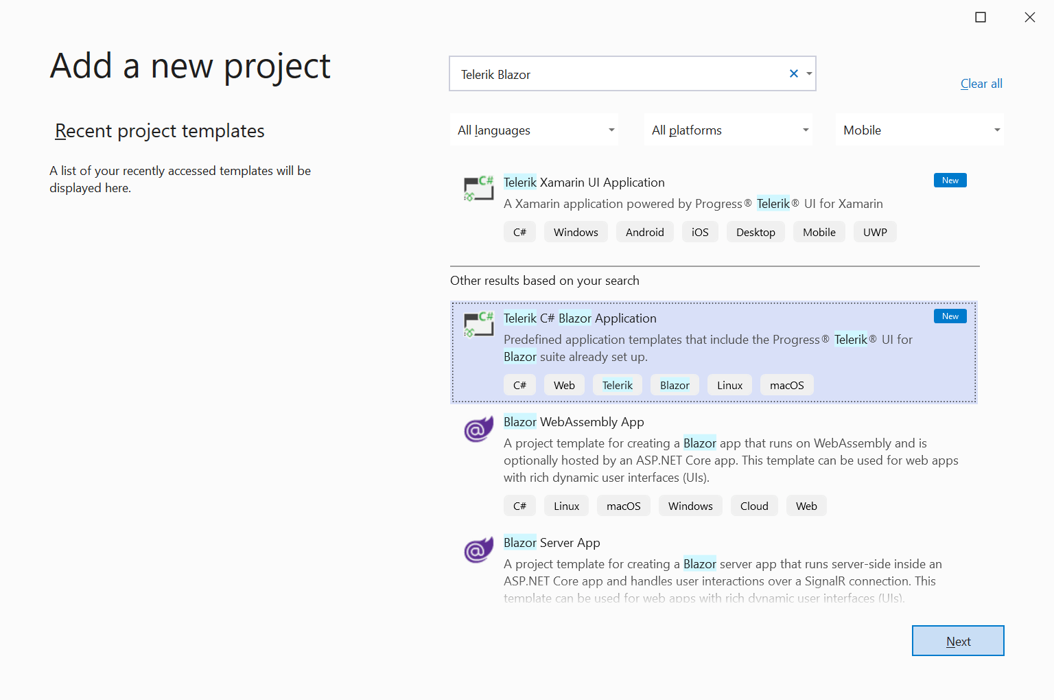 Figure 12 - Select Telerik C# Blazor Application Project Template
