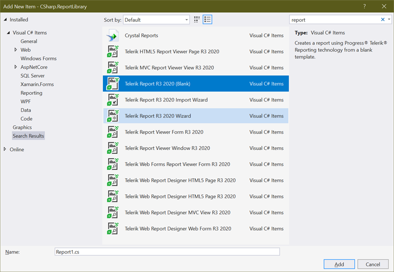Visual Studio Designer Add New Report Item