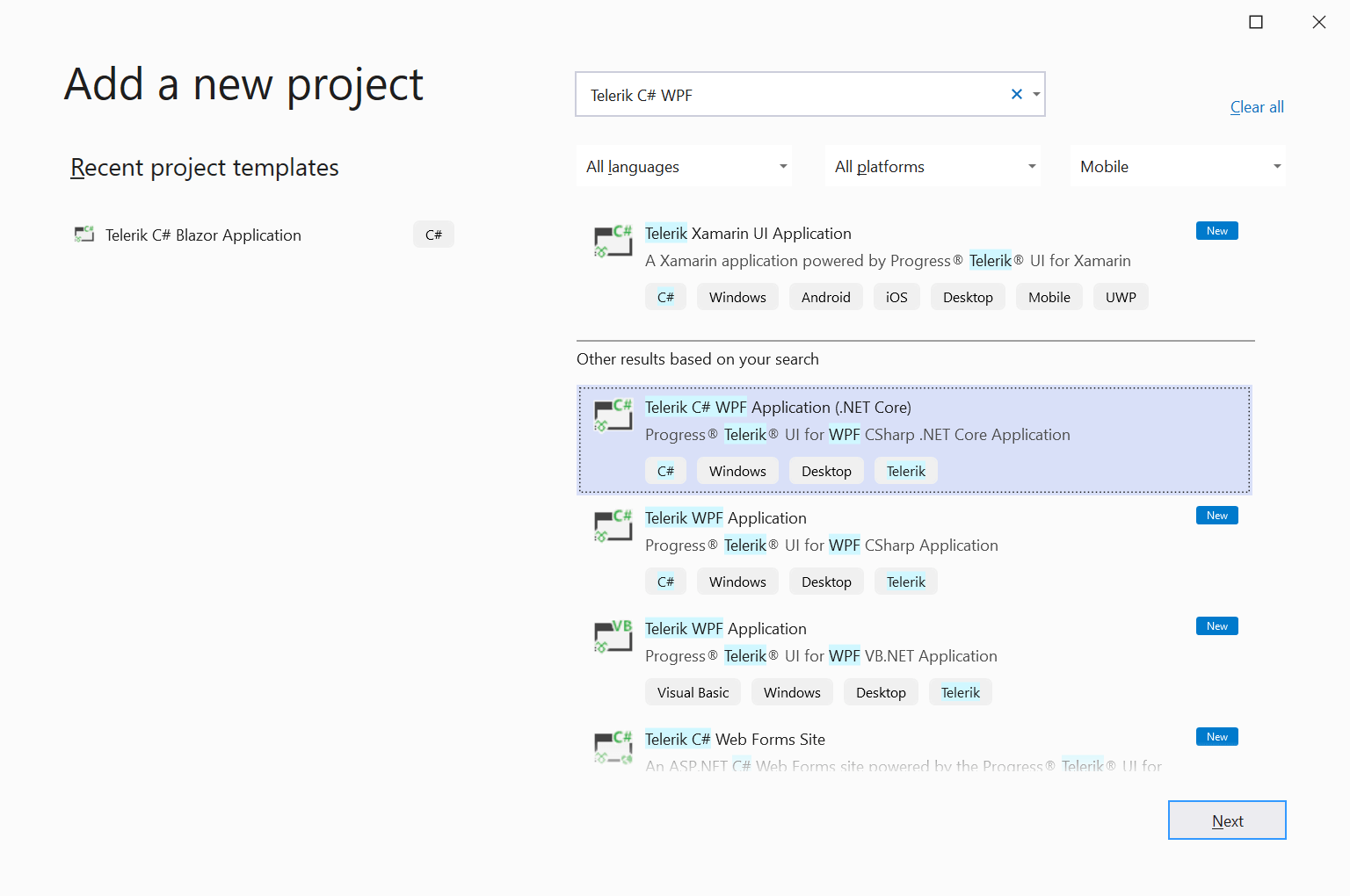 Figure 16 - Add Telerik C# (.NET Core) WPF Project Template