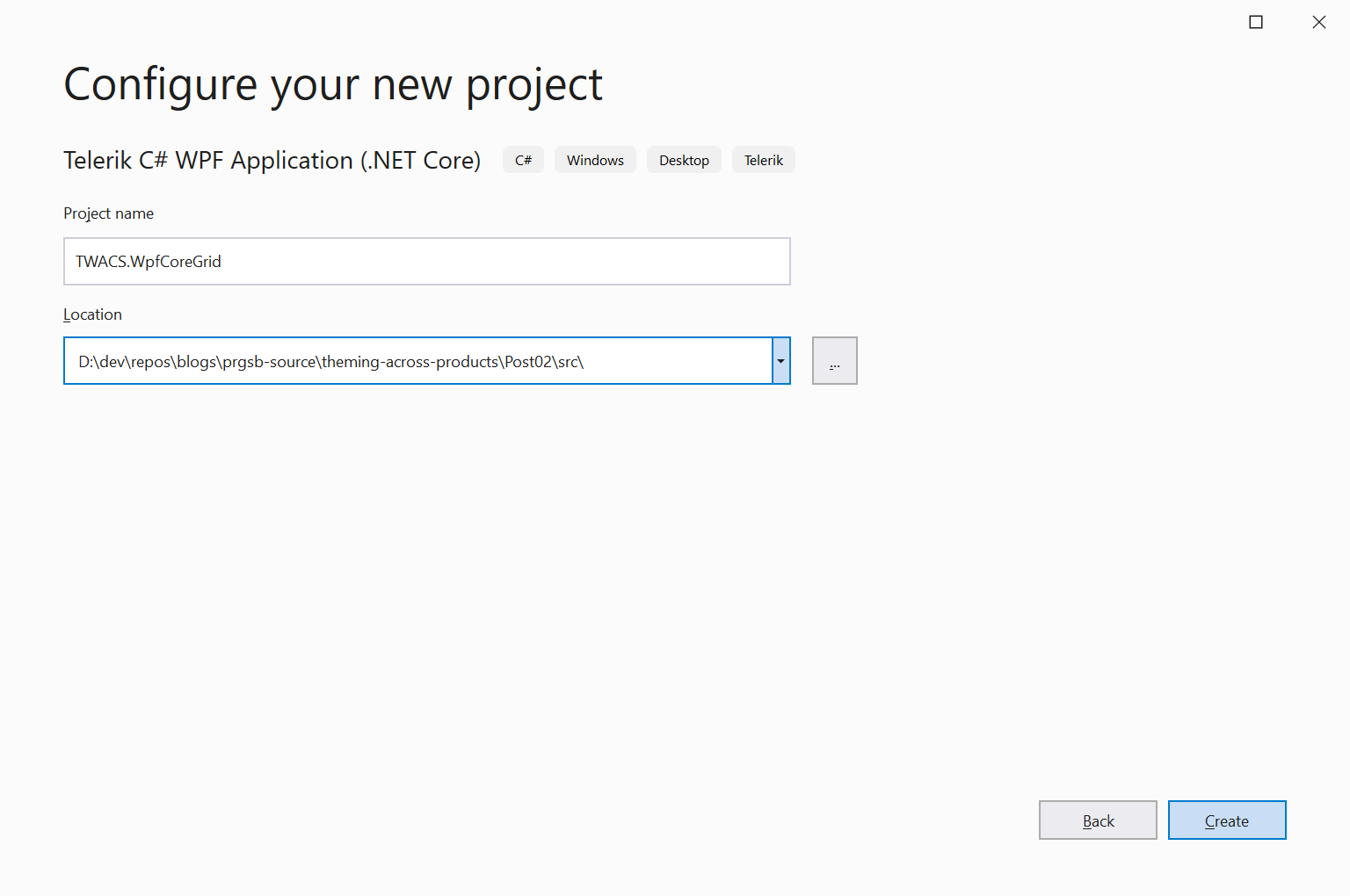 Figure 17 - Specify the Name and Location of the WPF Project