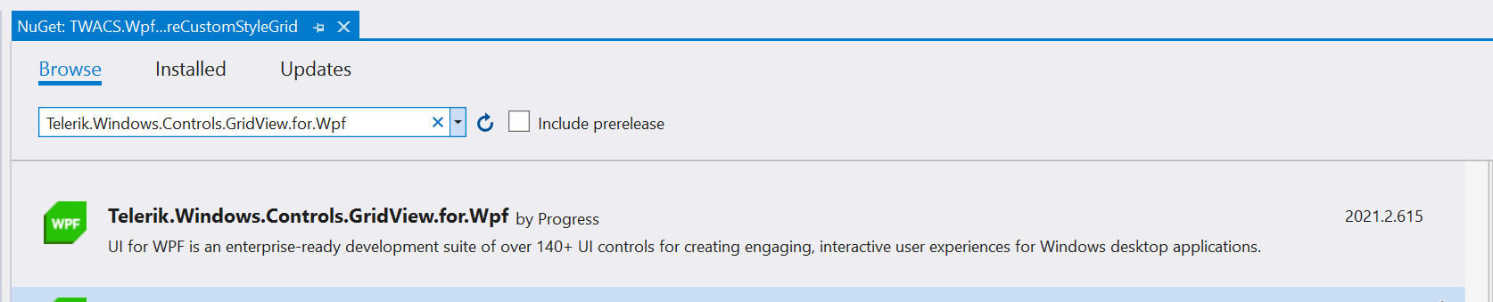 Figure 19 - Add Telerik.Windows.GridView.for.Wpf NuGet Package
